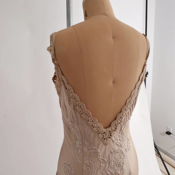 silk beaded evening dress|sue wong nocturne champagne full-length gown mermaid M - Picture 5 of 6